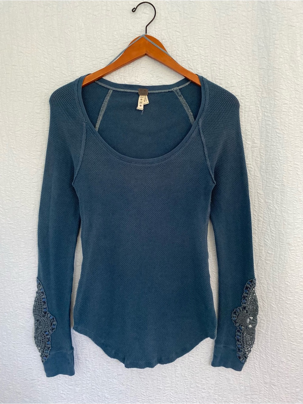 We The Free Blue Waffle Scoop Neck Long Sleeve Top with Lace Cuff Detail
